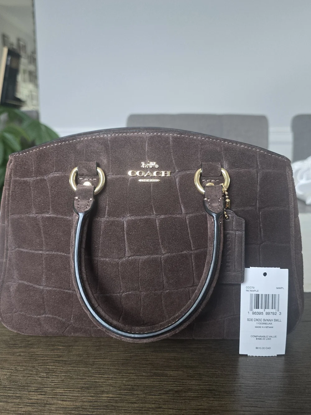 Coach Savannah Brown Suede Croc-Embossed Satchel